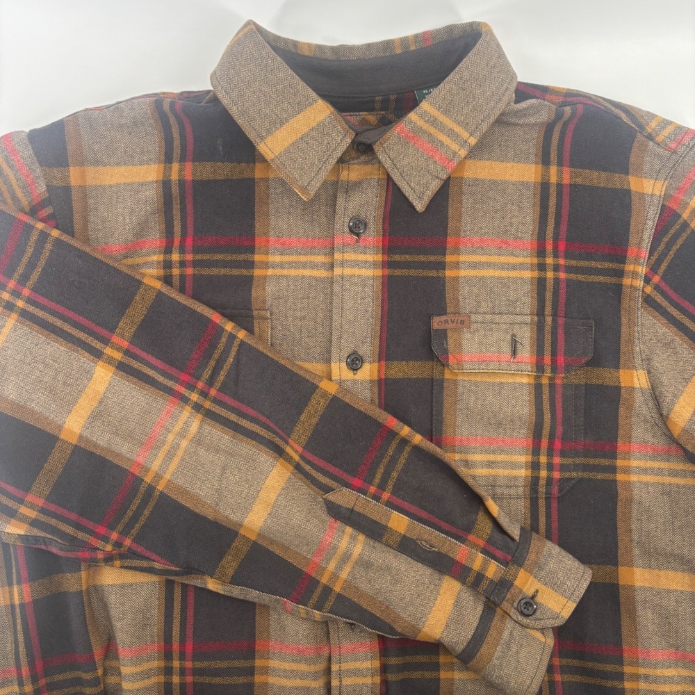 Orvis Flannel Shirt Mens XL Brown Plaid Herringbone Cotton Button Up Outdoor